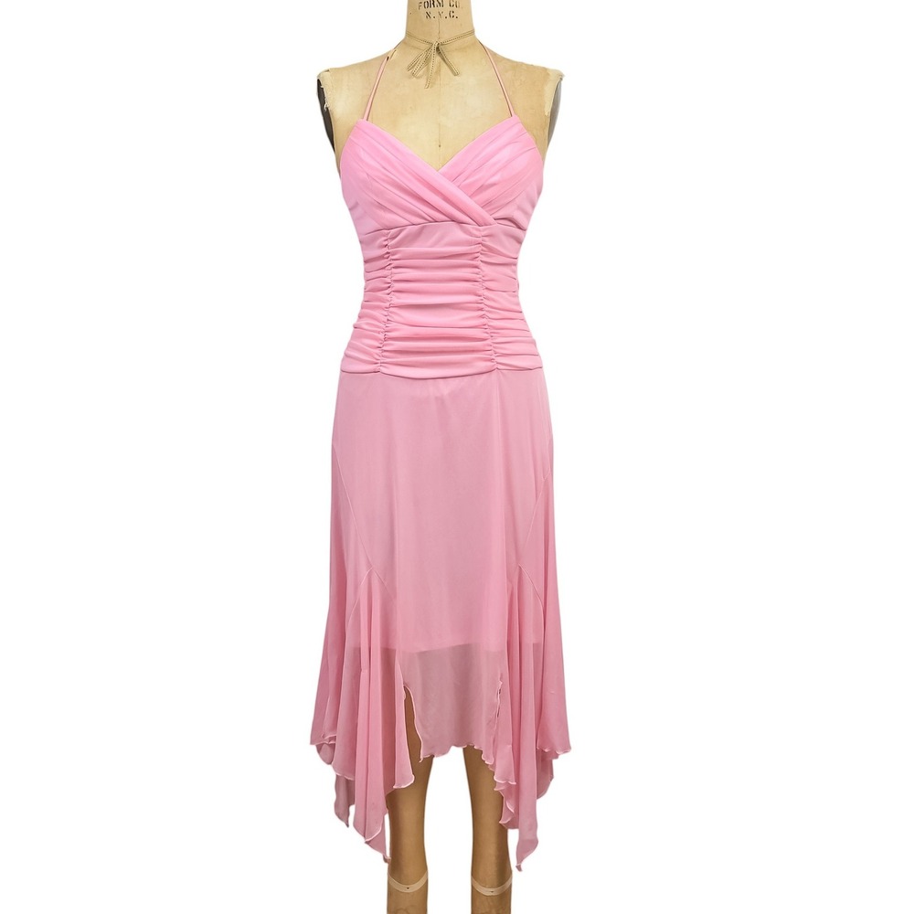Vintage Windsor Pink Halter Dress Handkerchief Hem XS Ruched Fairy Y2K Prom